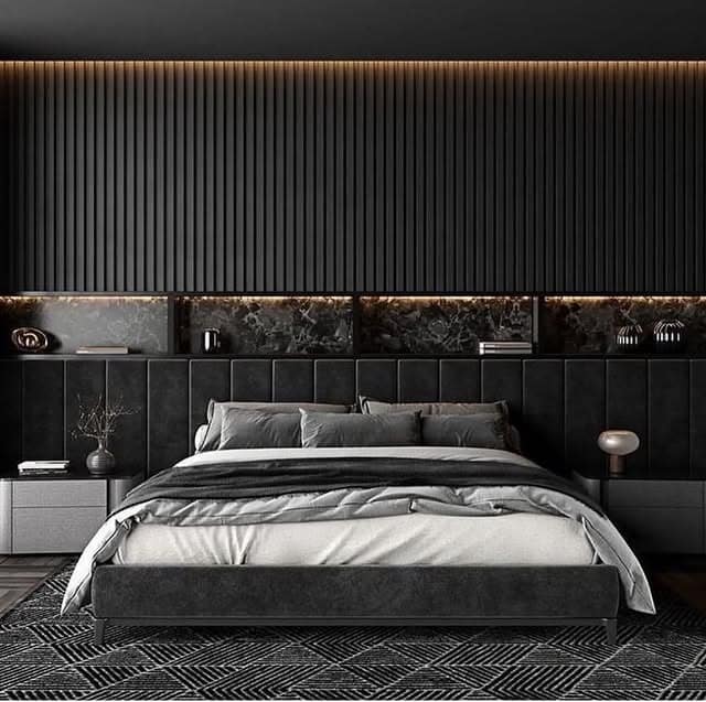 2. Charcoal and Black Statement Bedroom with Built-In Sofa - sofa in bedroom ideas