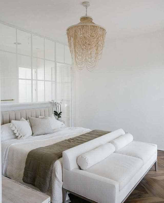 3. Soft White Bedroom with Linen Sofa Accent - sofa in bedroom ideas
