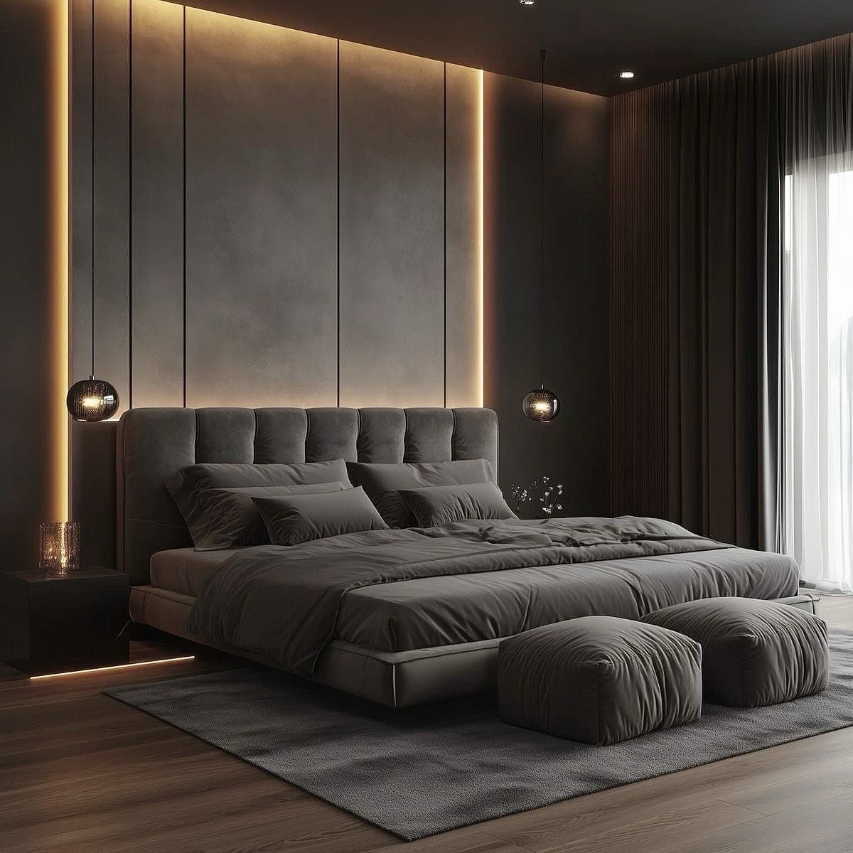 6. Moody Modern Bedroom with Integrated Sofa Platform - sofa in bedroom ideas