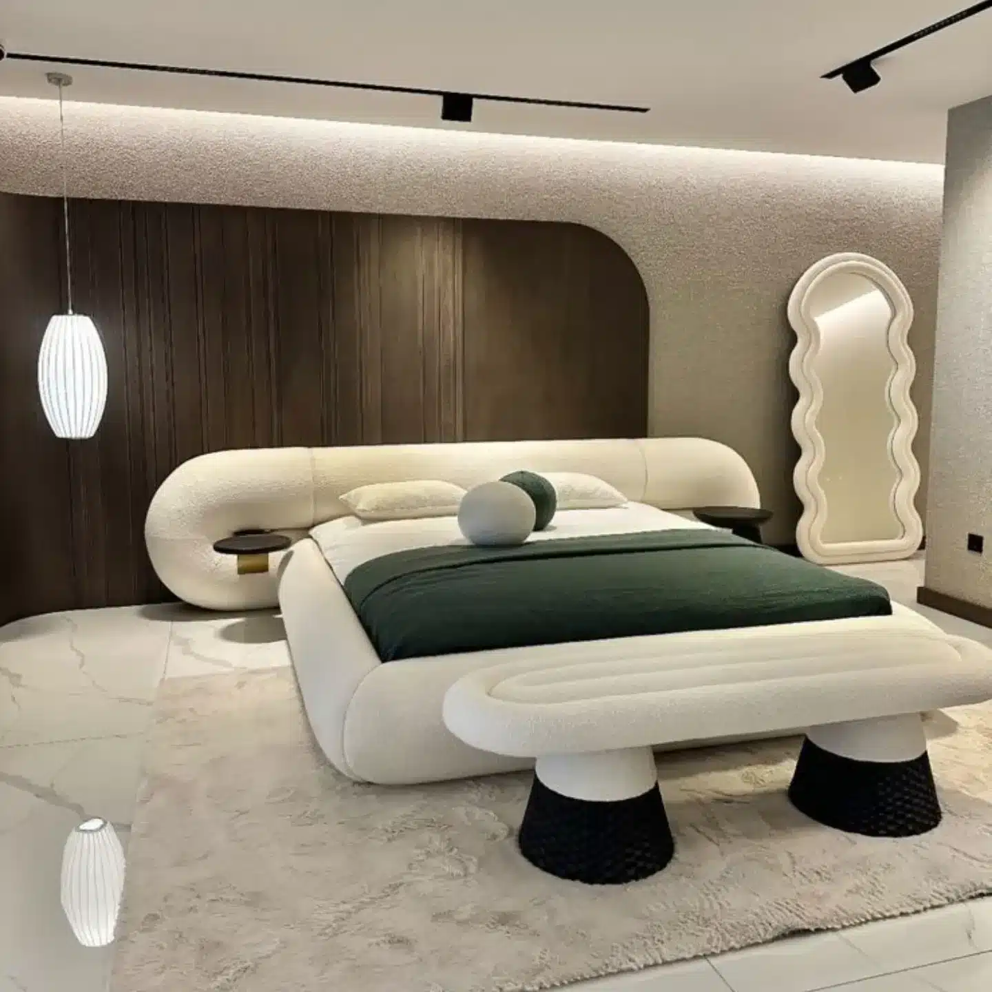 8. Contemporary Cream Bedroom with Curved Sofa Bed Frame - sofa in bedroom ideas