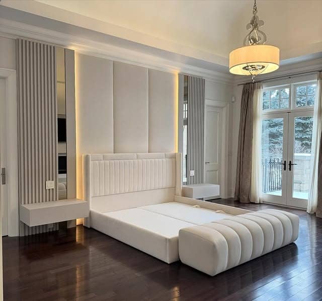 9. Elegant White Bedroom with Floating Sofa Bench Design - sofa in bedroom ideas