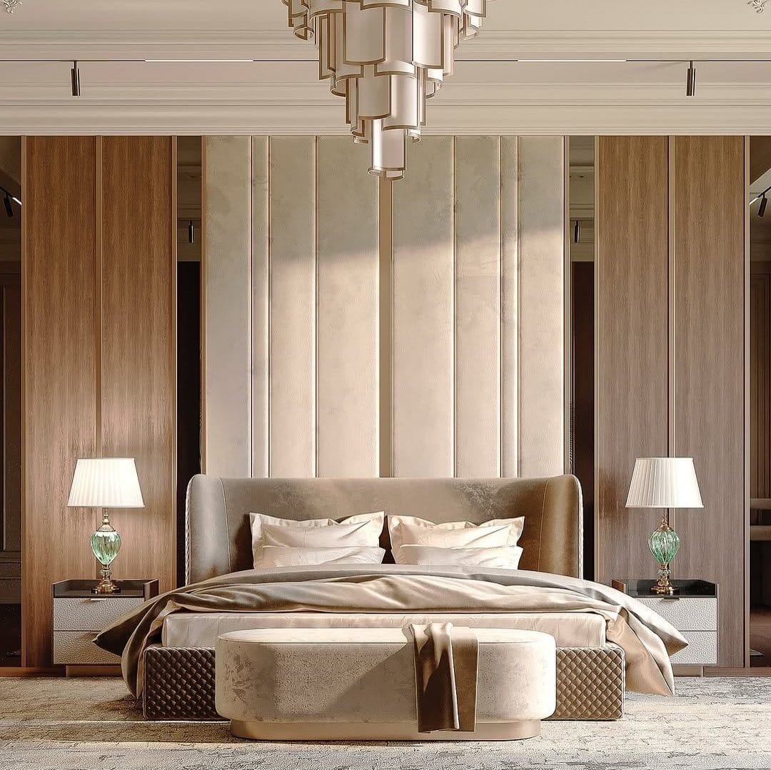 10. Luxe Beige Bedroom with Coordinated Sofa Bench Seating - sofa in bedroom ideas