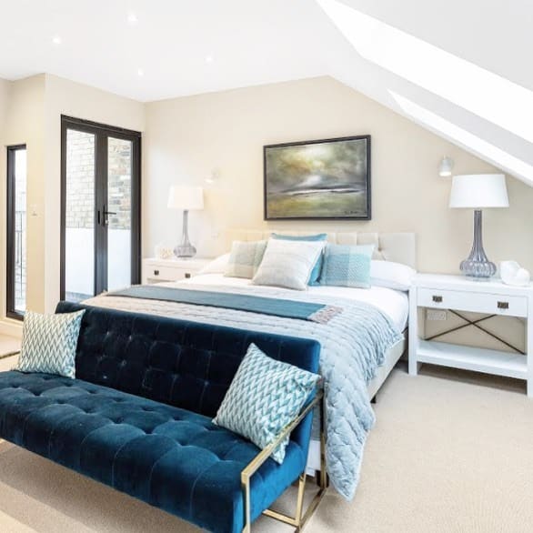 11. Soft Beige Bedroom with Navy Velvet Sofa Bench - sofa in bedroom ideas