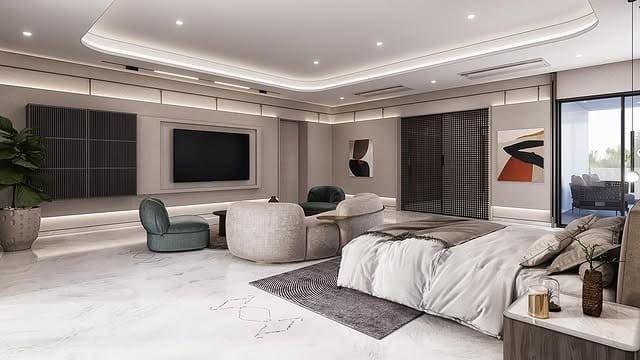 13. Contemporary Open-Plan Bedroom with Curved Sofa Seating - sofa in bedroom ideas