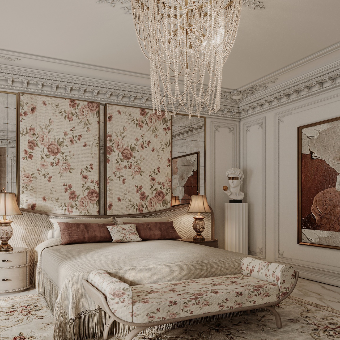 18. Vintage-Inspired Floral Bedroom with Upholstered Sofa Bench - sofa in bedroom ideas