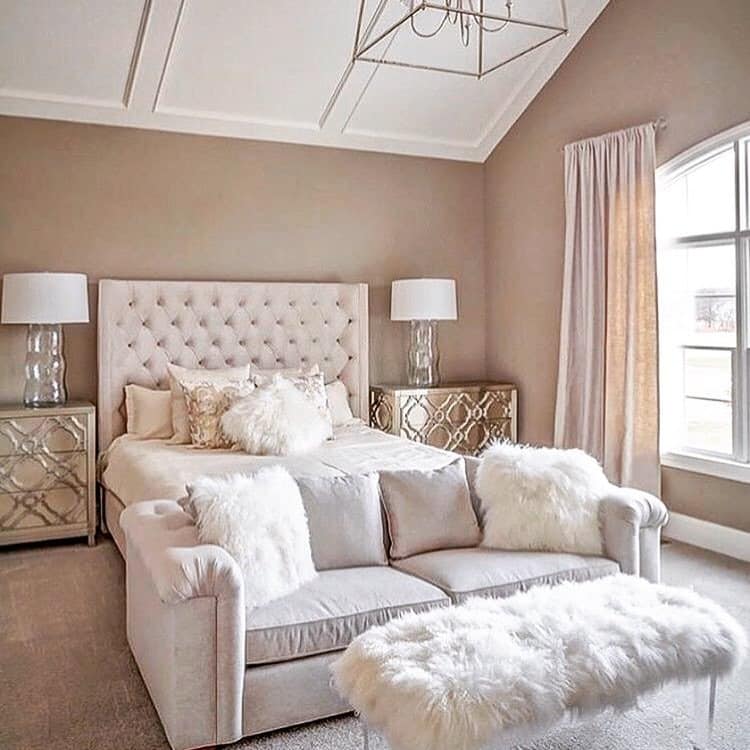 19. Soft Blush Bedroom with Plush Sofa and Fur Accents - sofa in bedroom ideas