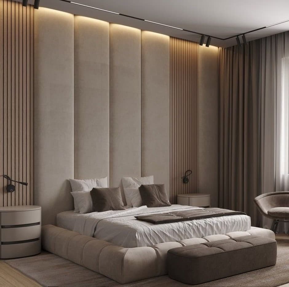 20. Modern Neutral Bedroom with Low Sofa-Style Bench Design - sofa in bedroom ideas