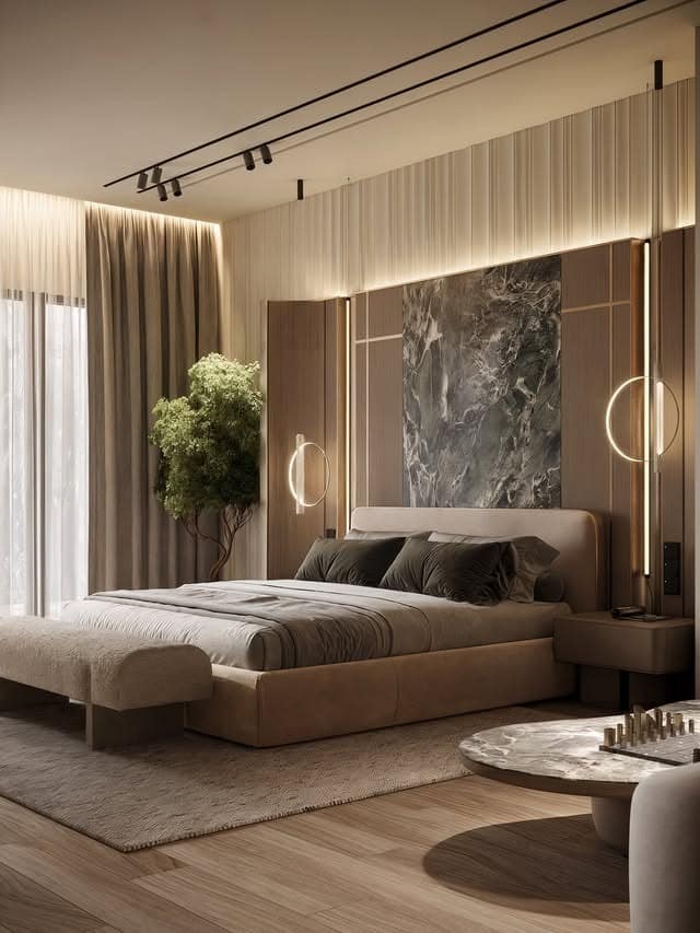 21. Modern Beige Bedroom with Integrated Sofa Bench and Marble Accent - sofa in bedroom ideas