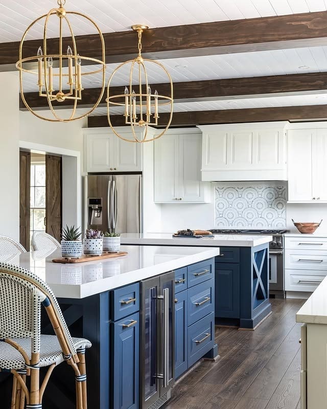 1. Navy Blue Island with Brass Globe Lighting - farmhouse kitchen island ideas