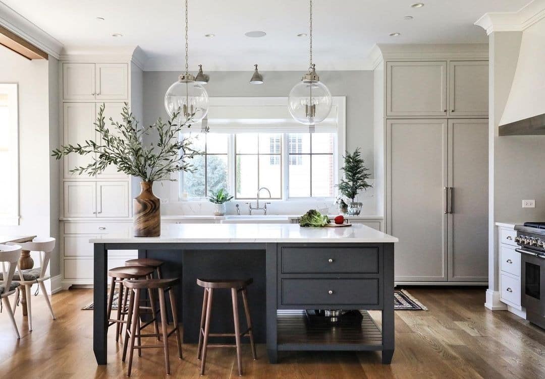 3. Charcoal Island with Neutral Farmhouse Layers - farmhouse kitchen island ideas