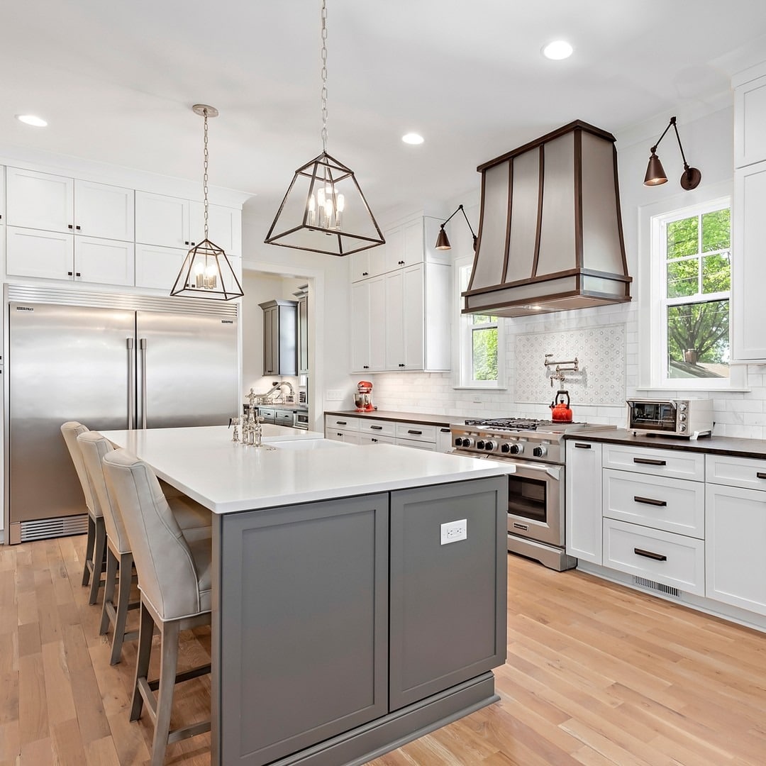 8. Gray and Wood Island with Statement Globe Lighting - farmhouse kitchen island ideas