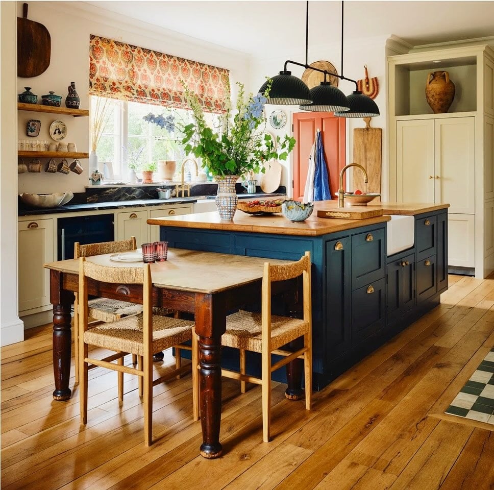 12. Deep Green Island with Rustic Wood Dining Extension - farmhouse kitchen island ideas