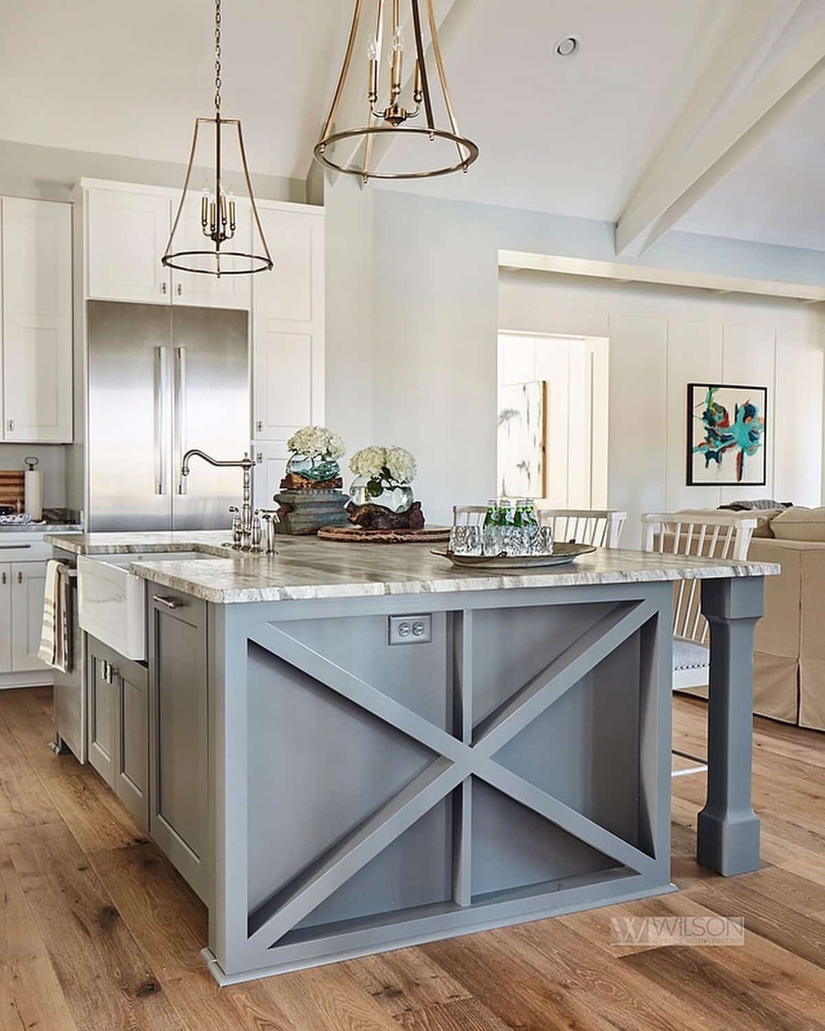 14. Soft Gray Cross Panel Island with Marble Countertop - farmhouse kitchen island ideas
