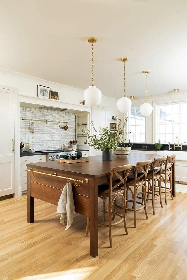 17. Warm Wood Island with Brass and White Accents - farmhouse kitchen island ideas