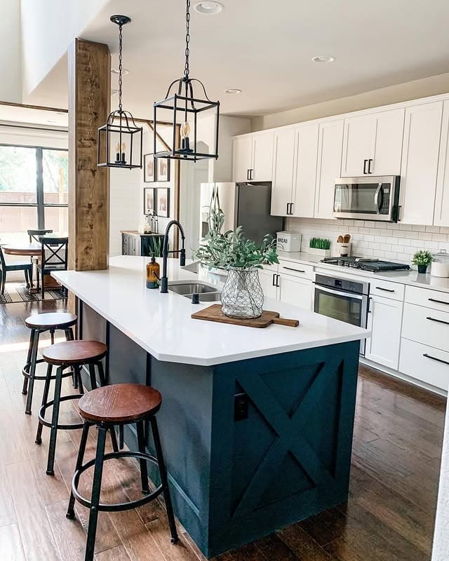 19. Navy Island with White Countertop and Industrial Stools - farmhouse kitchen island ideas