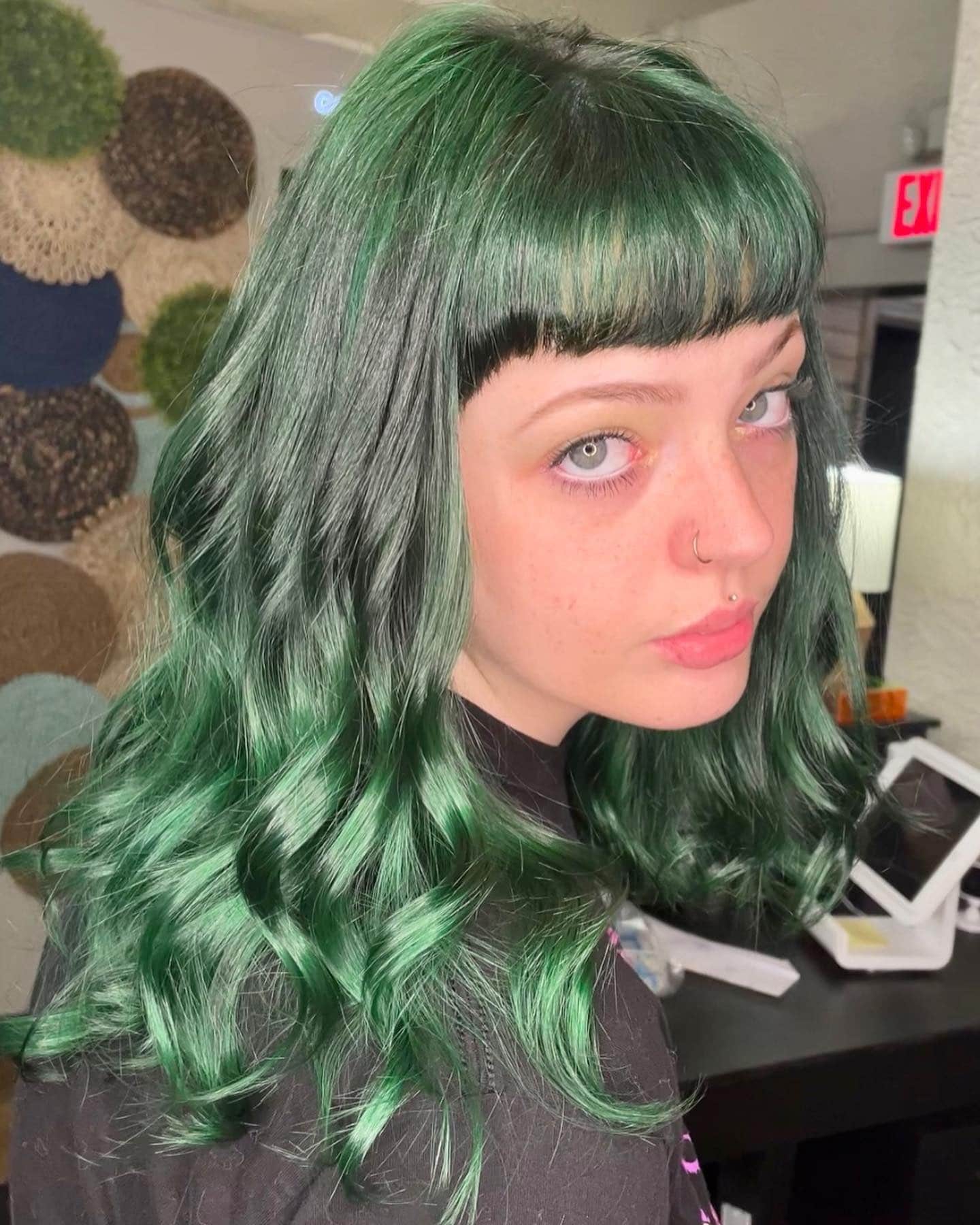 3. Emerald Shag with Micro Fringe - Green Hair Color
