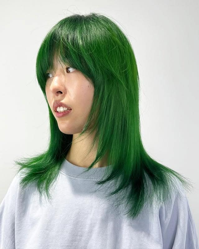 4. Sleek Straight Green Mid-Length Cut - Green Hair Color