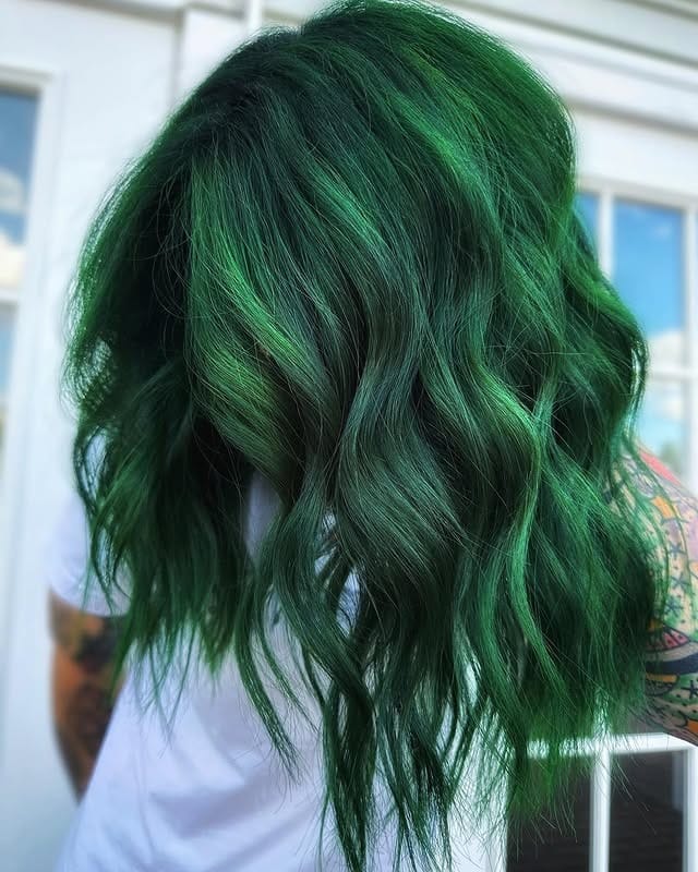 5. Dimensional Green Balayage Waves - Green Hair Color