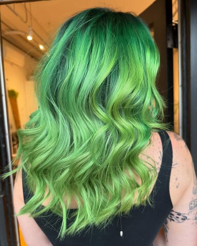8. Soft Moss Green Shoulder-Length Cut - Green Hair Color