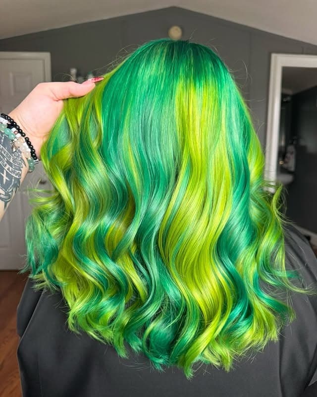9. High-Contrast Green Ribbon Highlights - Green Hair Color