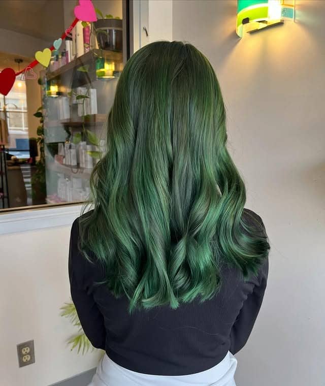 11. Soft Forest Green Layered Waves - Green Hair Color