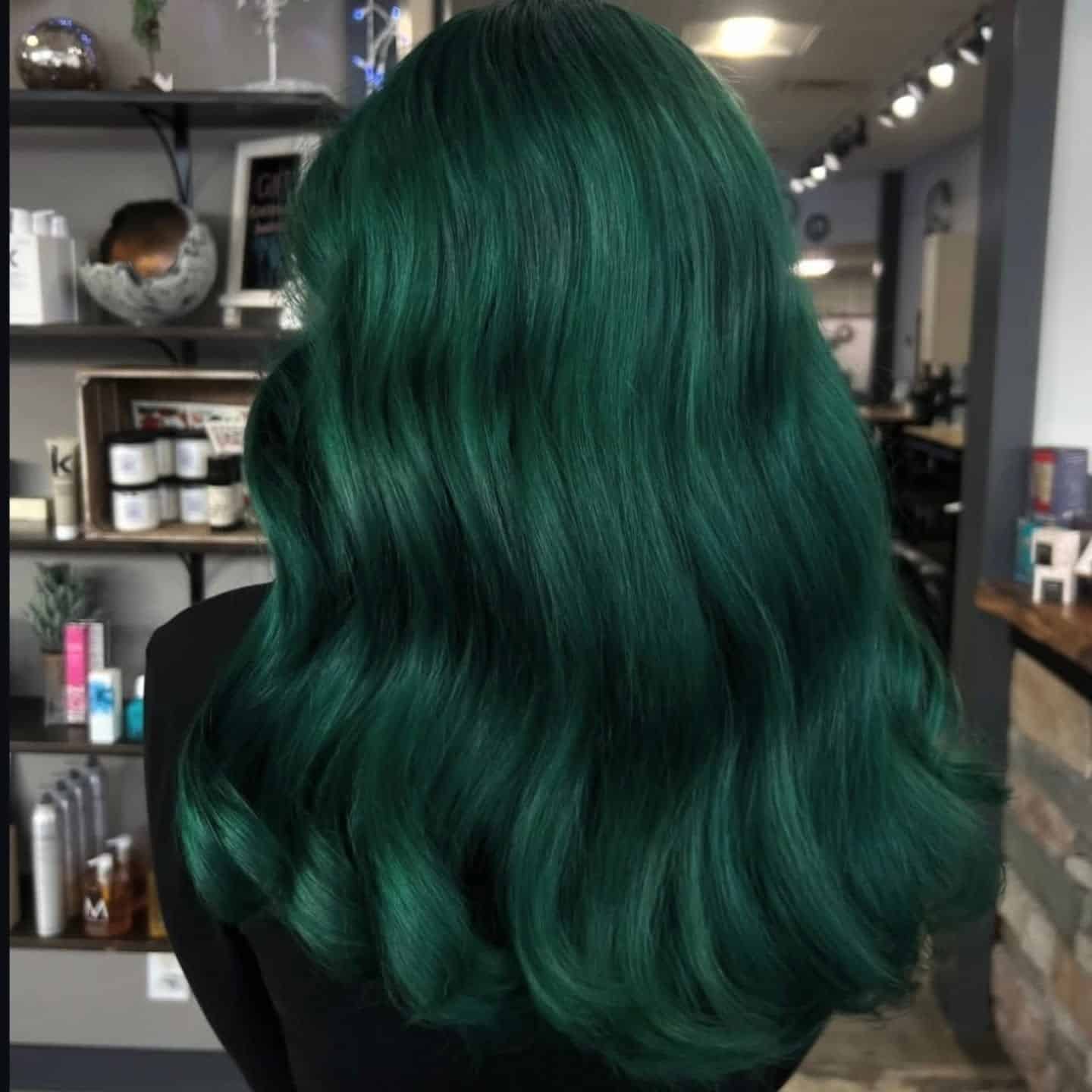 12. Deep Emerald Glossy Long Waves - Green Hair Color