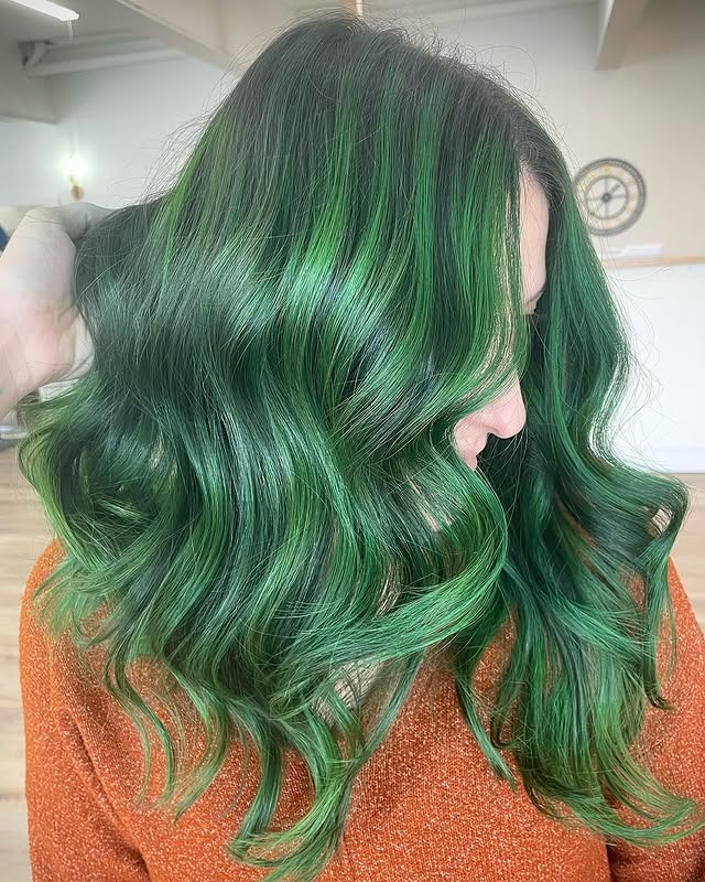17. Glossy Jade Green Soft Waves - Green Hair Color