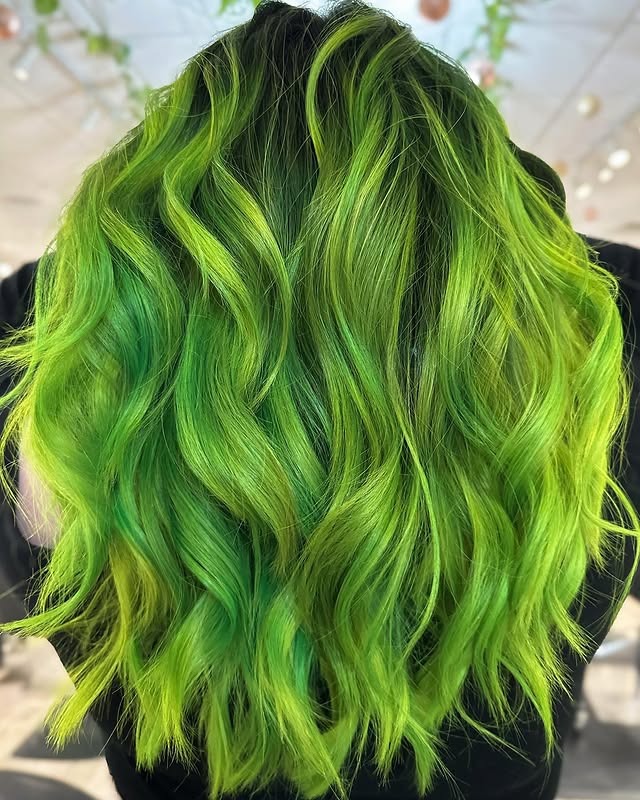 18. Neon Lime and Green Ribbon Waves - Green Hair Color
