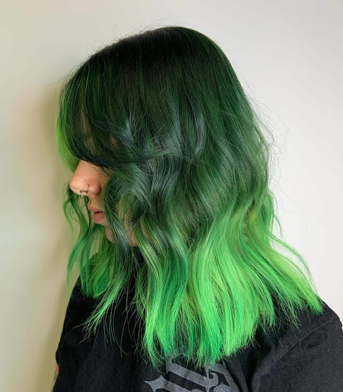 20. Dark Root Melt to Neon Green Ends - Green Hair Color