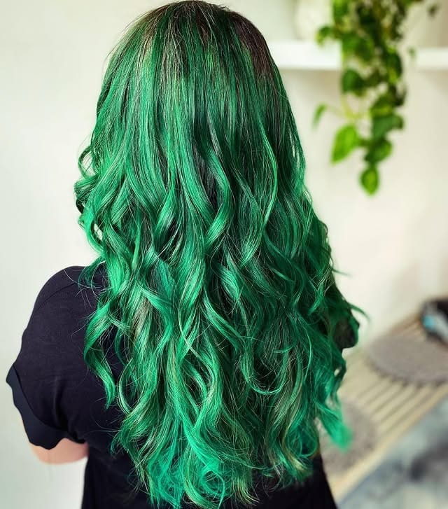 21. Deep Teal Green Layered Waves - Green Hair Color
