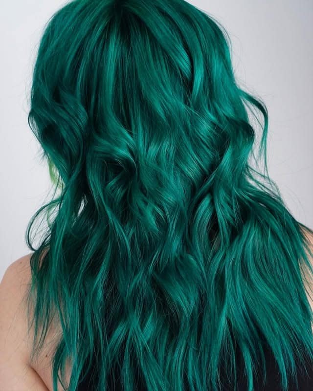 22. Emerald Green Dimensional Long Curls - Green Hair Color