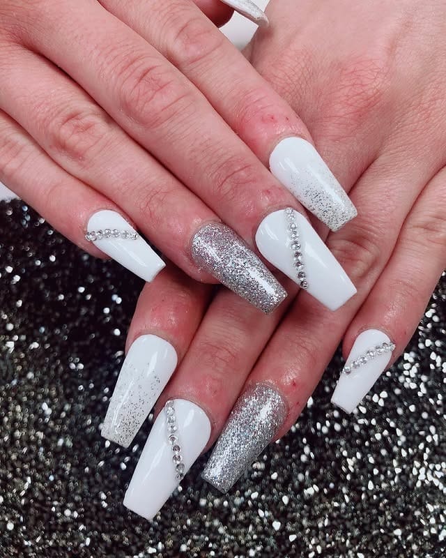1. Silver Glitter and White Coffin Glam Nails - silver and white nail ideas