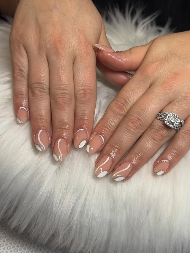 3. Minimal Nude and White Micro French with Silver Detail - silver and white nail ideas