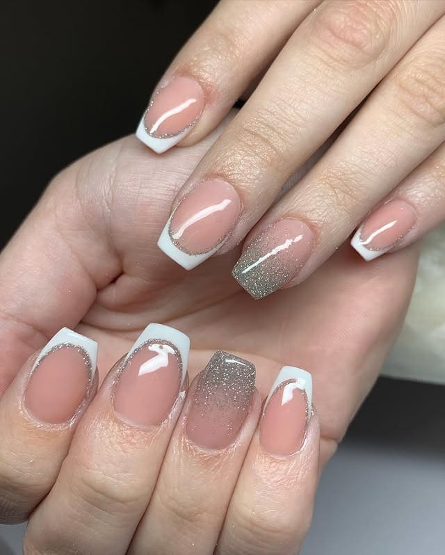 6. Classic French with Silver Glitter Fade Accent - silver and white nail ideas