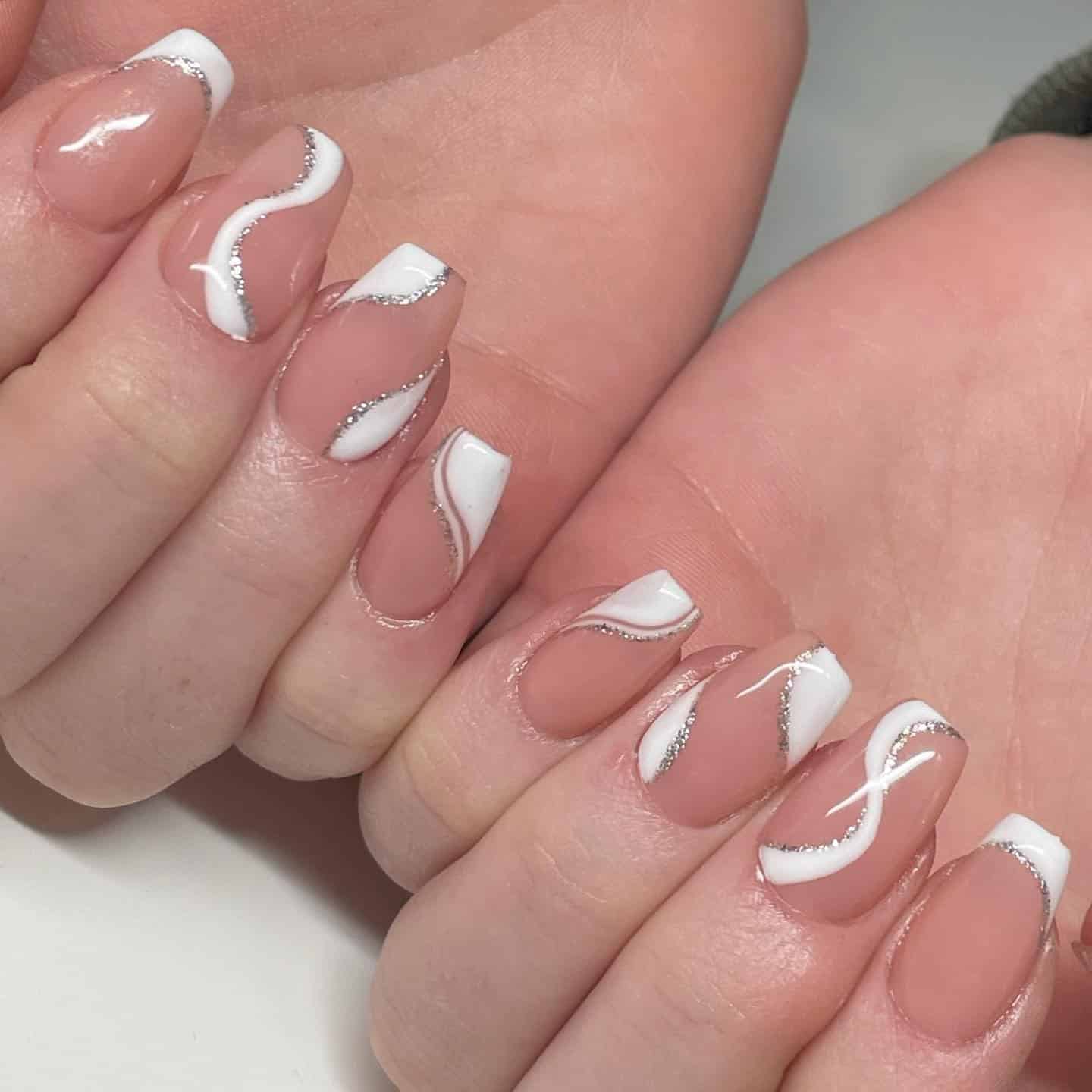 20. Nude and White Abstract French with Silver Glitter Lines - silver and white nail ideas