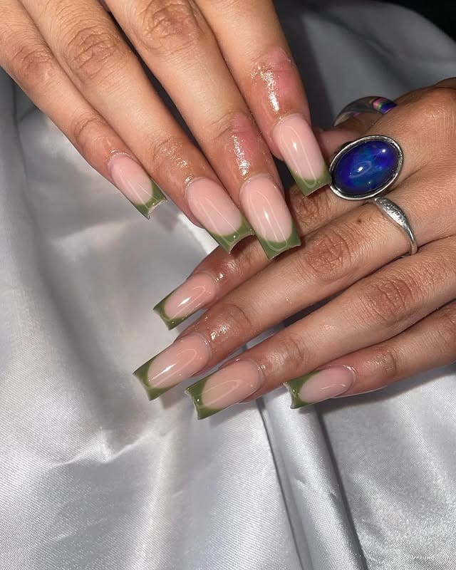 5. Nude Base Olive French Tip Coffin Nails - simple green nail ideas