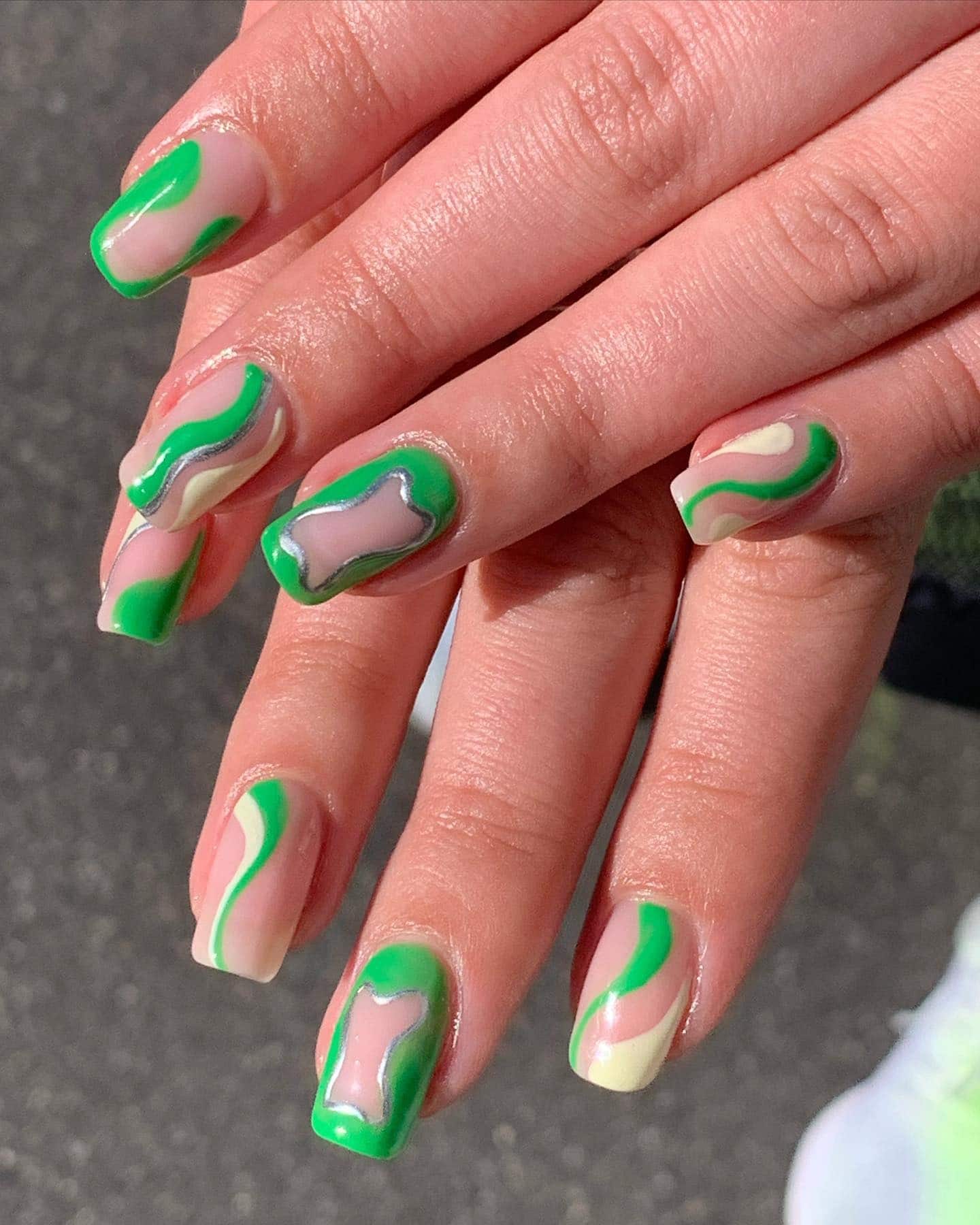 8. Green and Neutral Abstract Wave Square Nails - simple green nail ideas