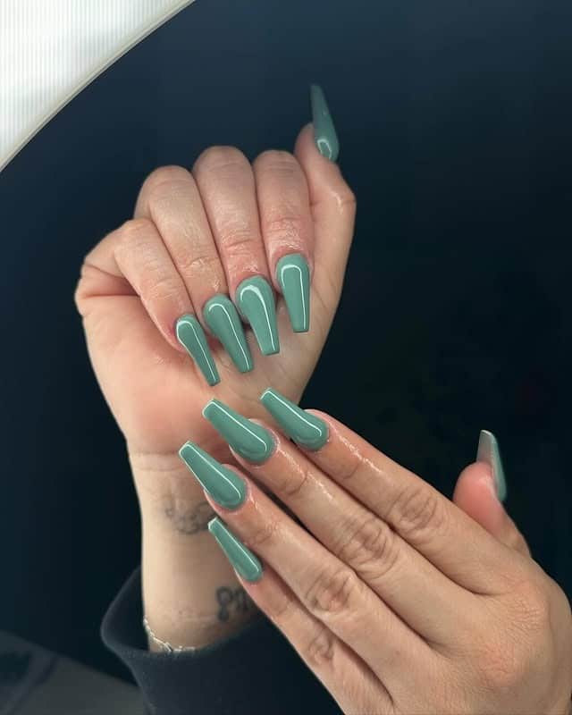 10. Dusty Sage Long Coffin Nails - simple green nail ideas