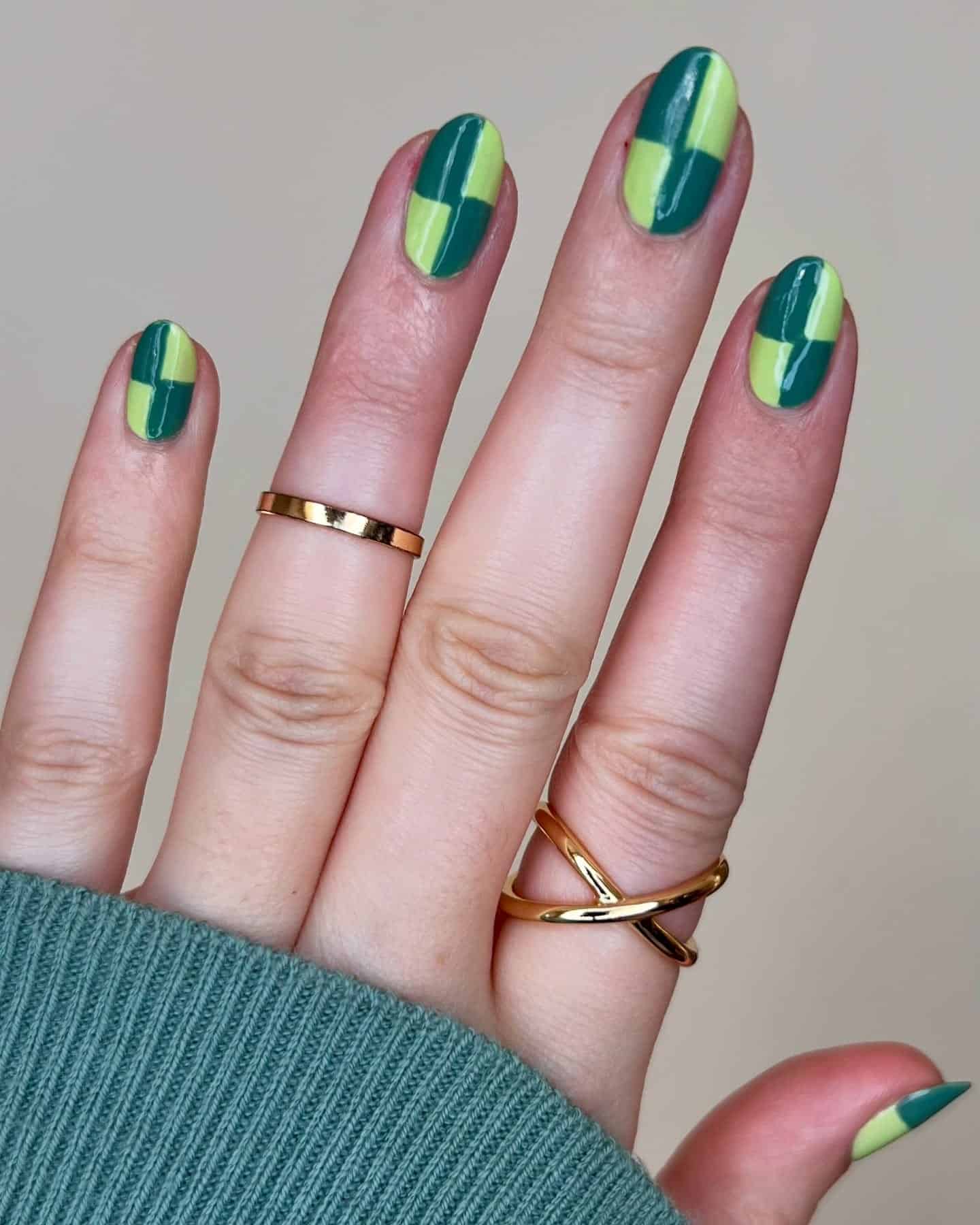 12. Green Color Block Short Oval Nails - simple green nail ideas