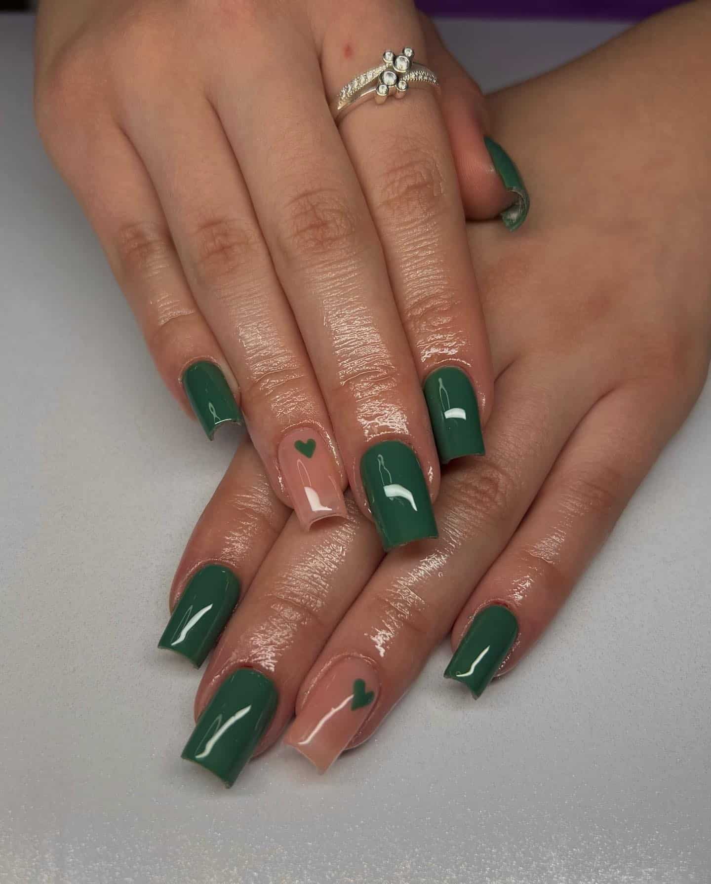 15. Classic Forest Green Square Nails with Minimal Heart Accent - simple green nail ideas
