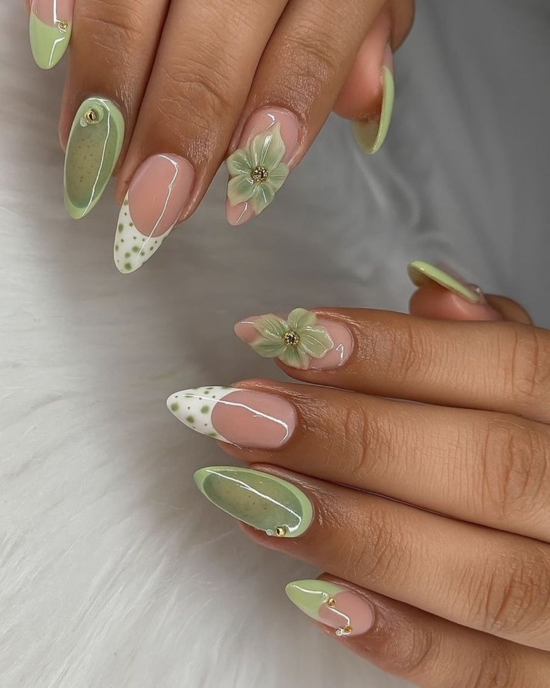 16. Soft Olive and Nude Almond Nails with Floral Detailing - simple green nail ideas