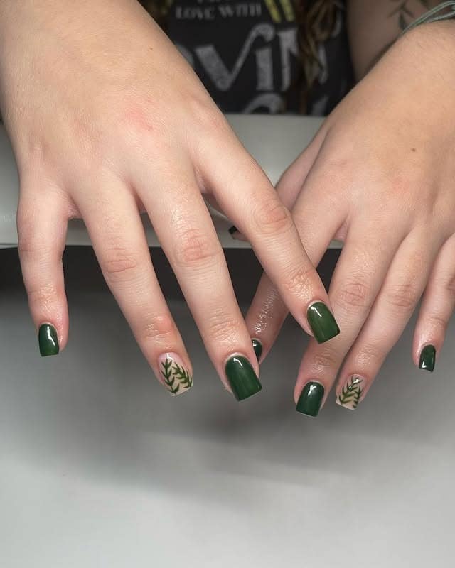 19. Dark Green Short Square Nails with Leaf Art Accent - simple green nail ideas