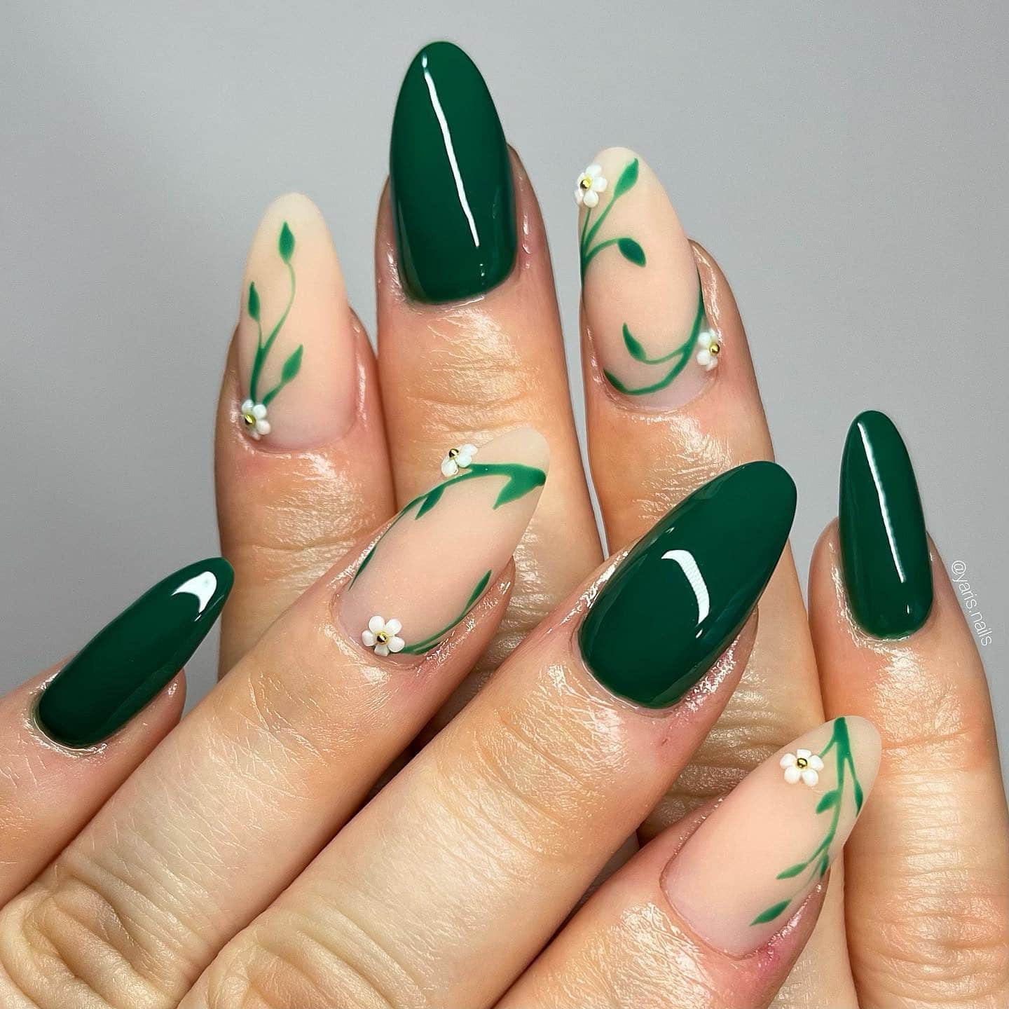 20. Glossy Emerald Almond Nails with Delicate Floral Vine Art - simple green nail ideas