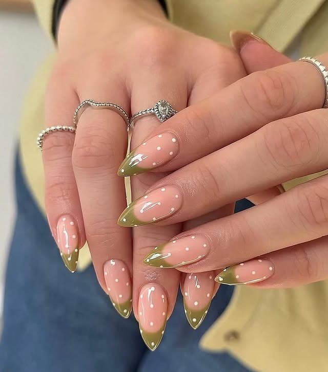 22. Olive Green Micro French Almond Nails with White Polka Dots - simple green nail ideas