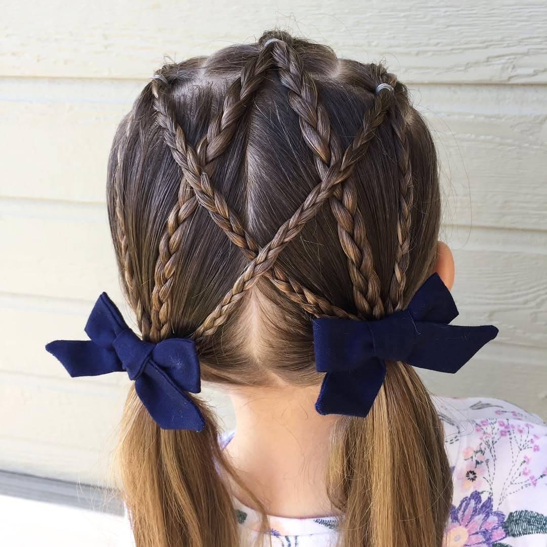2. Light Brown Multi-Braid Crisscross Pigtails with Bows - Pigtail Hairstyles