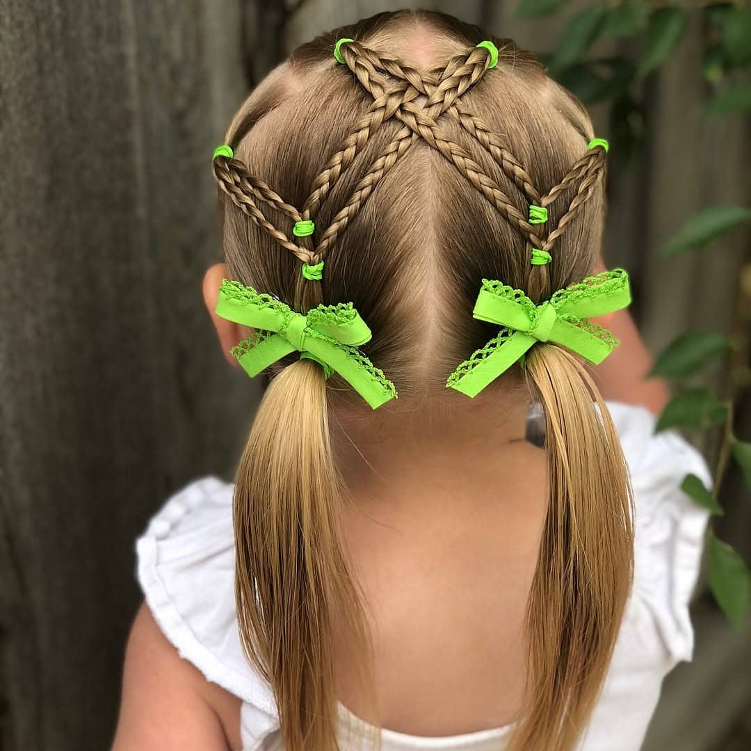8. Light Brown Micro Crisscross Braided Pigtails with Green Bands - Pigtail Hairstyles