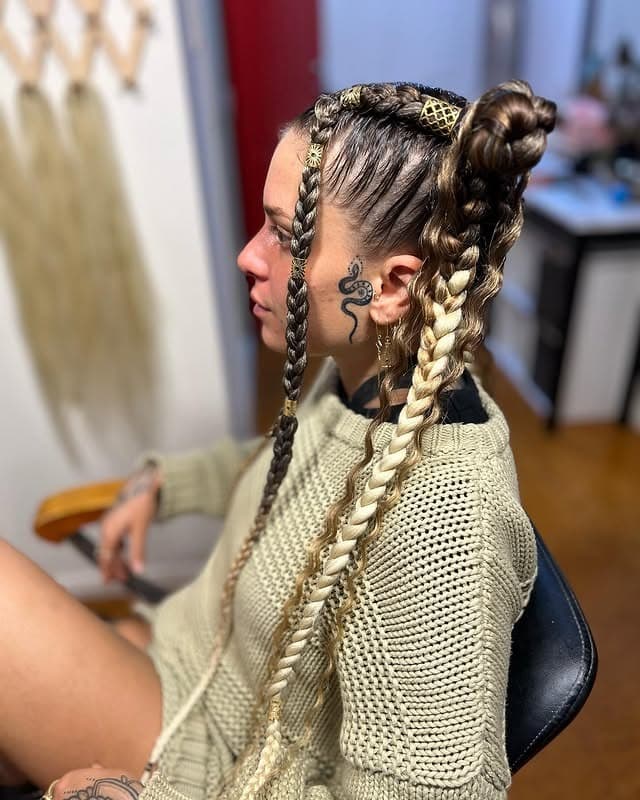 11. Two-Tone Blonde and Brunette Feed-In Braided Pigtails with Top Knot - Pigtail Hairstyles