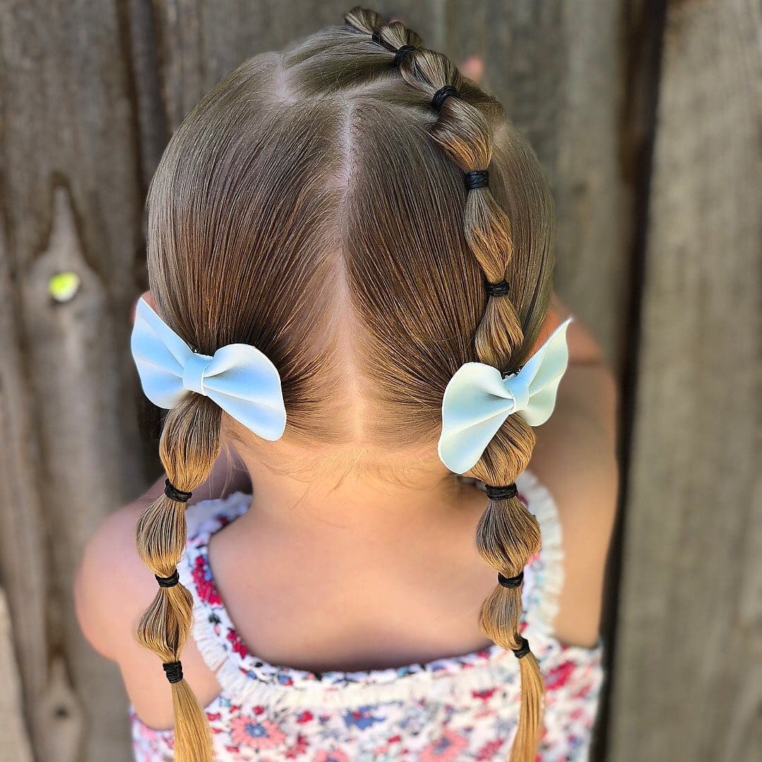14. Light Brown Bubble Braid Pigtails with Soft Blue Bows - Pigtail Hairstyles