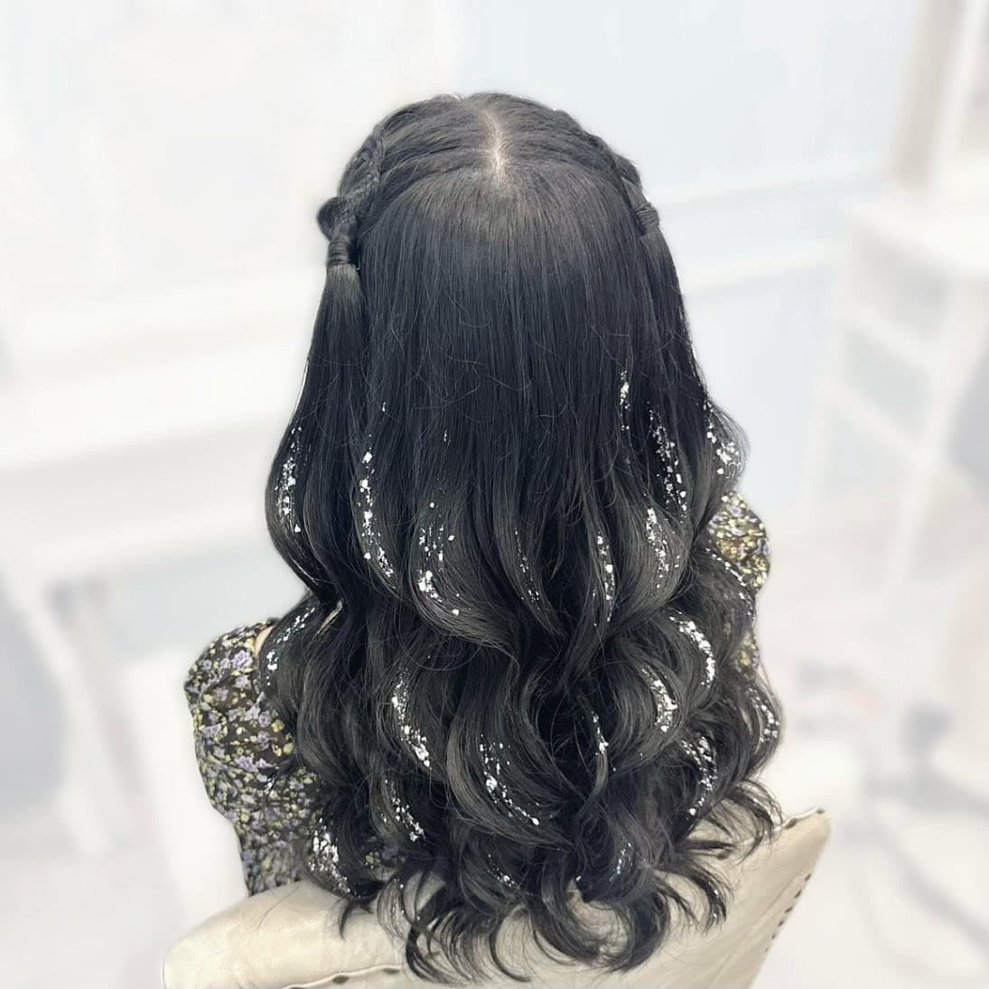 16. Deep Black Loose Wave Half-Up Pigtails with Glitter Accents - Pigtail Hairstyles