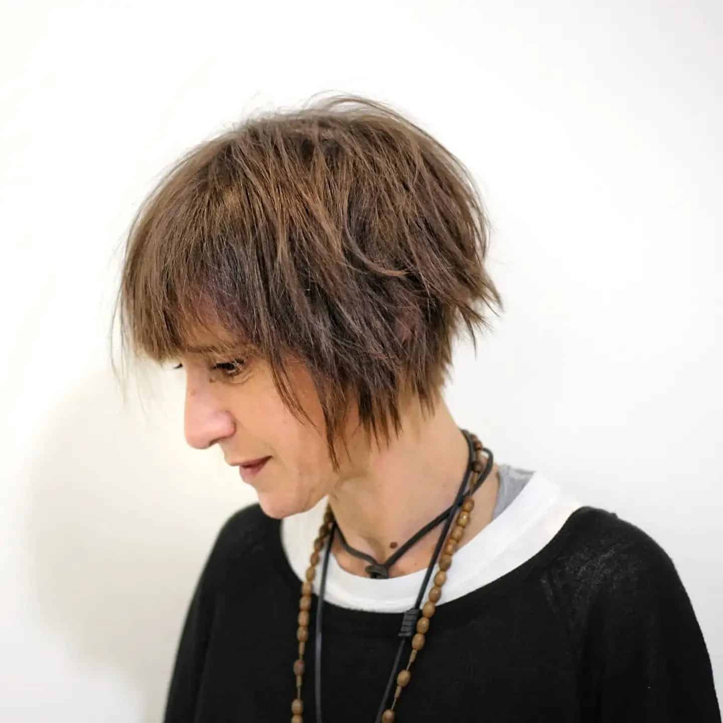 5. Feathered Crop with Warm Brown - Messy Haircut For Women
